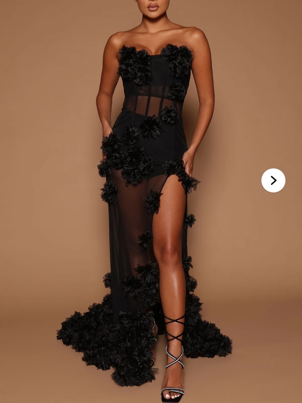 Fashion Nova LUXE Black Strapless Sheer Floral Appliqué Gown